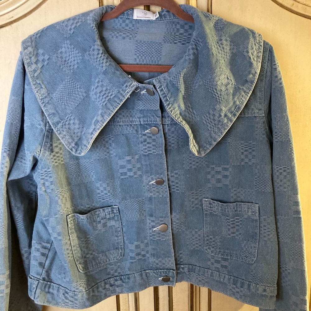 Nwot large collar cropped denim textured jacket XXL